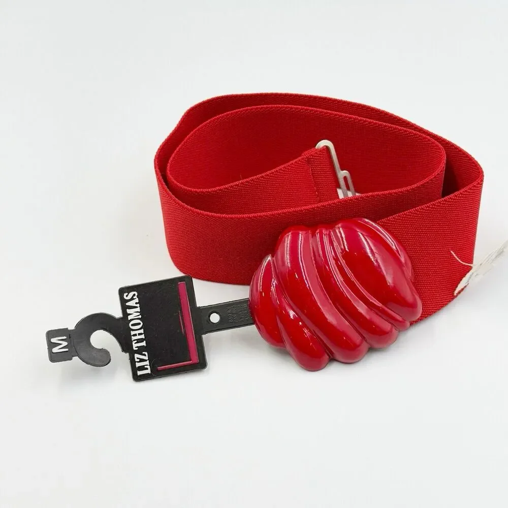 Women's Belt Size M Red Stretch Elastic Cinch Shell Buckle Wide Casual Dress